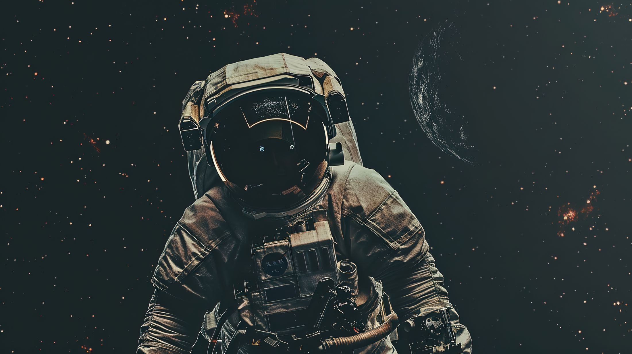 Astronauta en el espacio profundo junto a un planeta lejano, sección de contacto de SoulFrame Creative